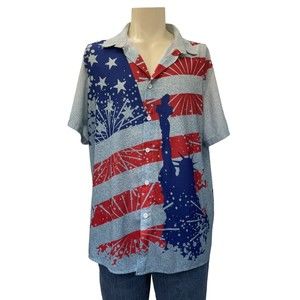 XL Patriotic Short Sleeve Statue Liberty American Flag button up shirt